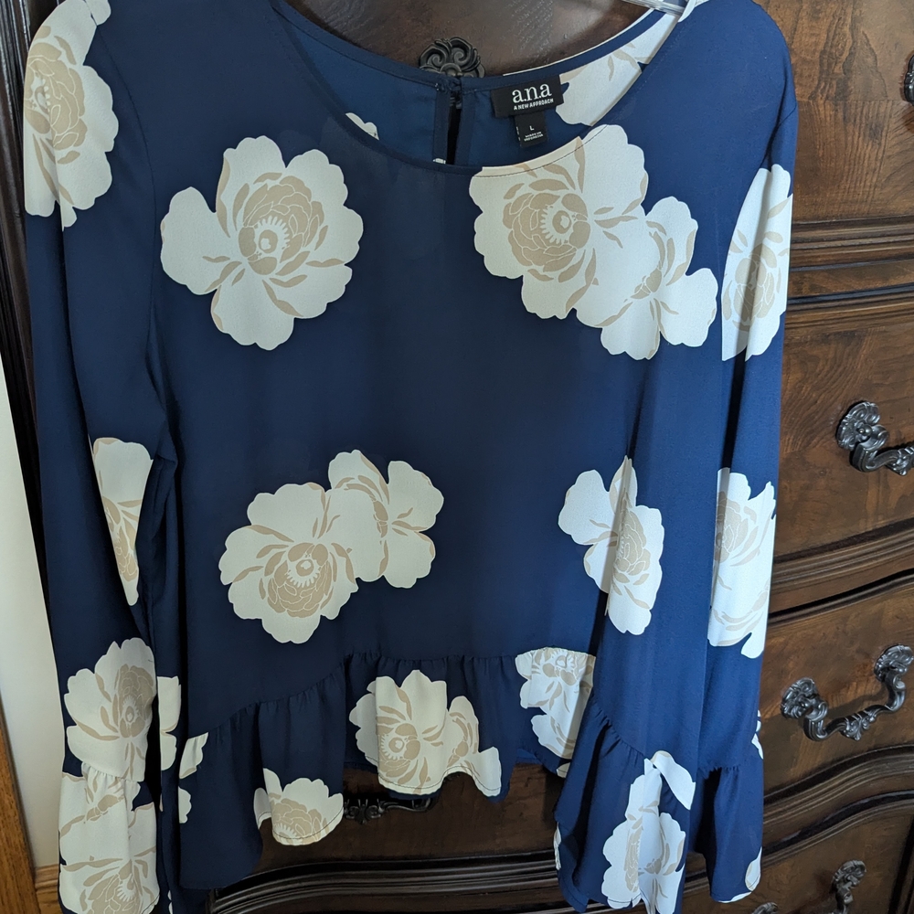 a.n.a Midnight Blue Blouse with Ivory Floral Pattern